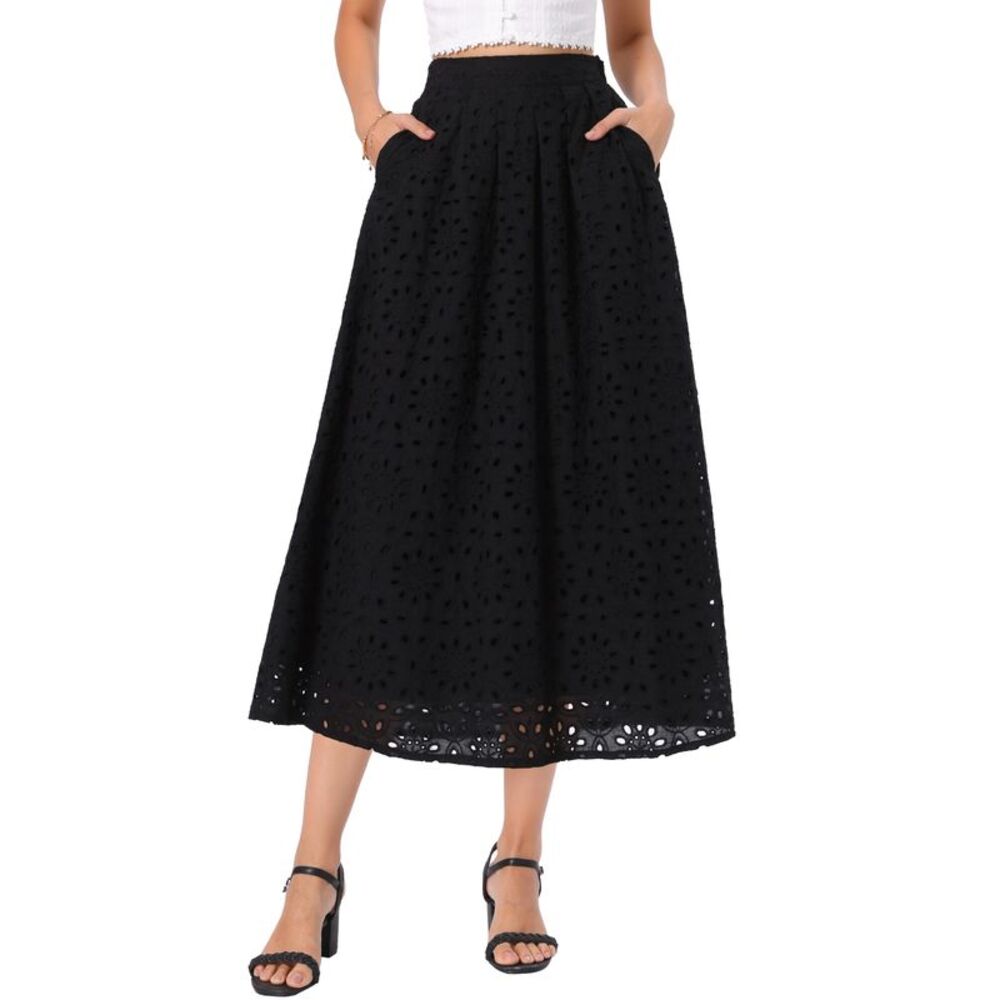 Women Boho Skirts High Waist A Line Flowy Eyelet Maxi Skirts Black